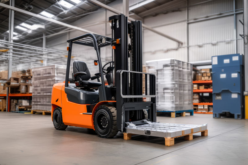 Carretilla elevadora en almacén preparada para cargar mercancía